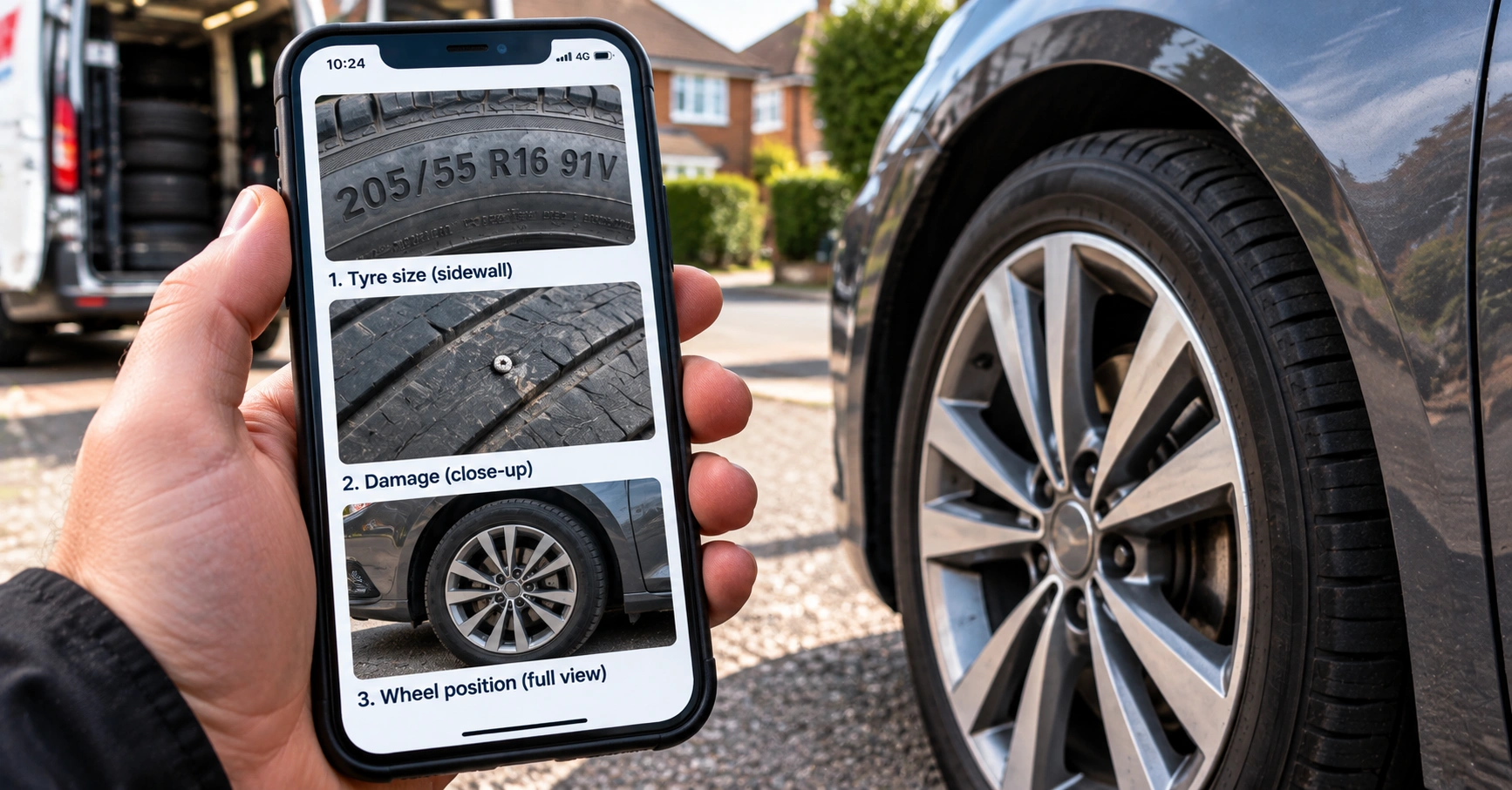 Phone showing tyre size, tyre damage and wheel position photos before calling a mobile tyre fitter