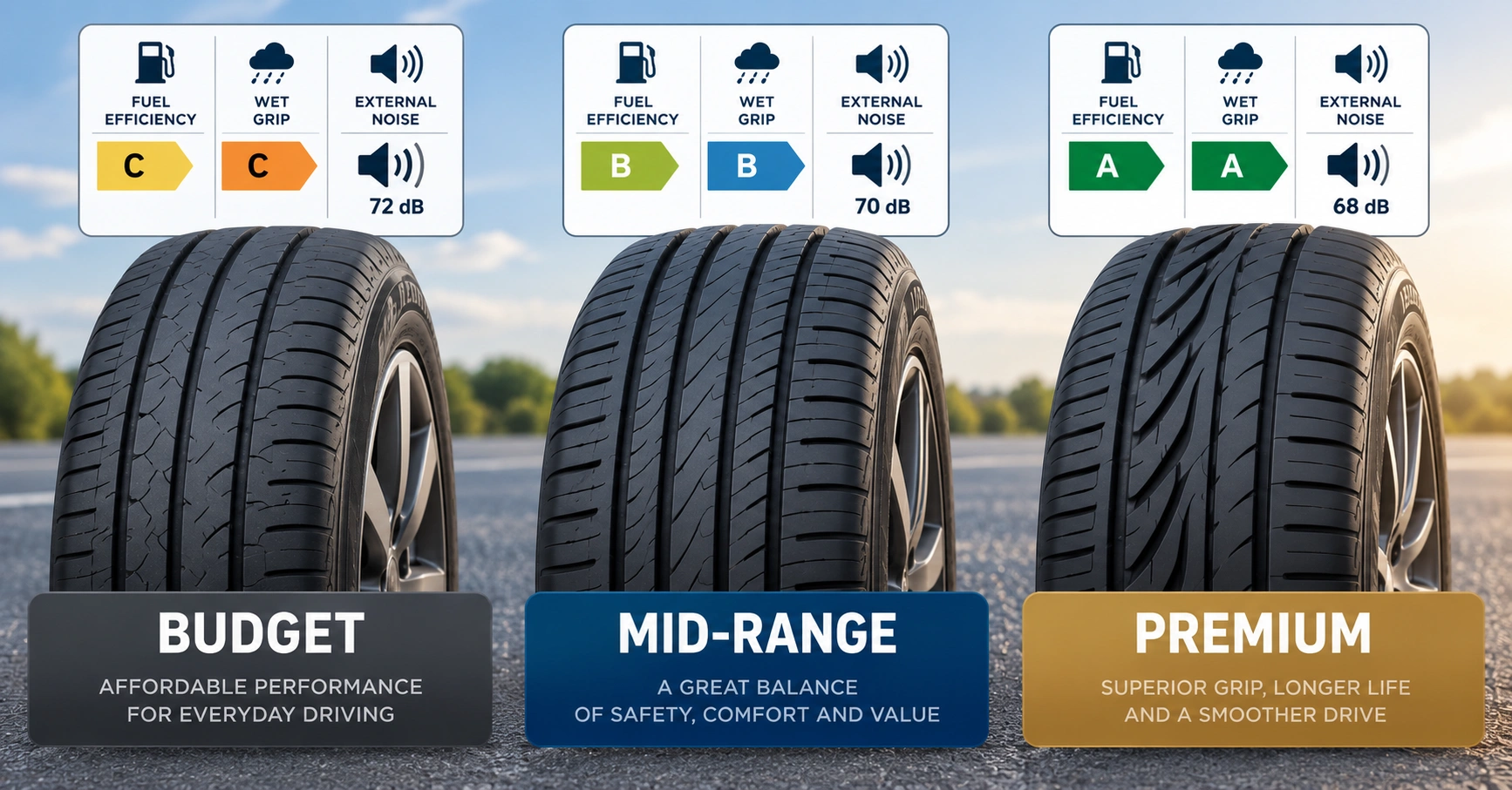 Budget, mid-range and premium car tyres compared side by side with tyre label ratings