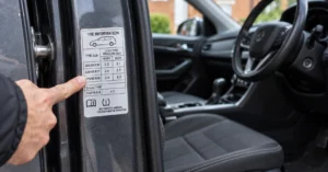 Tyre information sticker on a car door pillar showing tyre sizes and recommended front and rear pressures