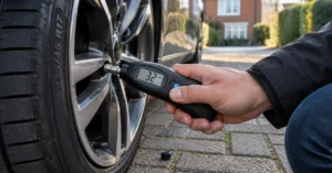 Digital tyre pressure gauge reading 32 PSI while checking a cold car tyre on a driveway