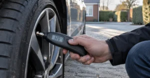 Driver checking a cold car tyre with a digital pressure gauge reading 32 PSI on a driveway