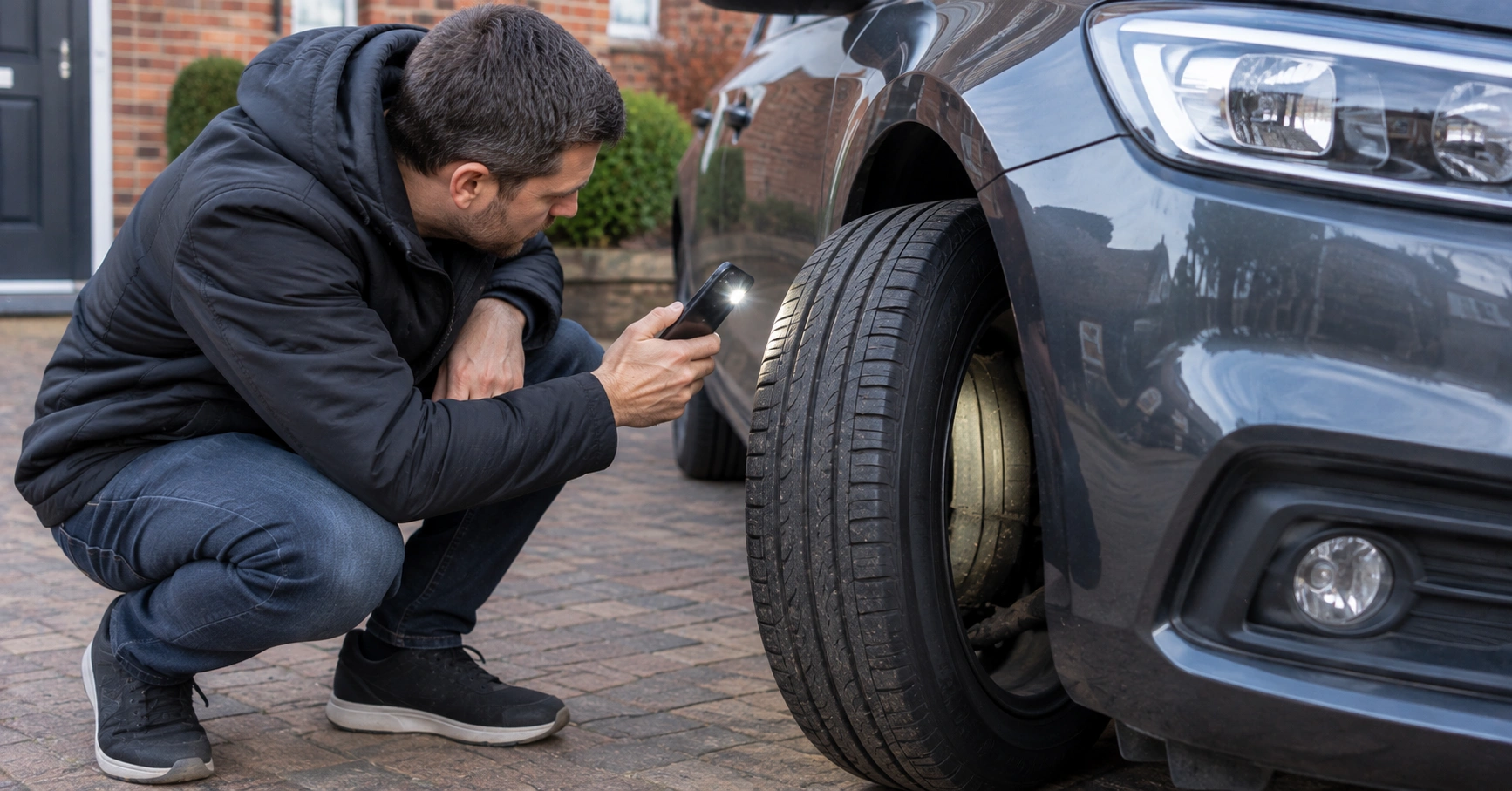 Car owner using a smartphone torch to inspect the inner sidewall of a front tyre on a driveway
