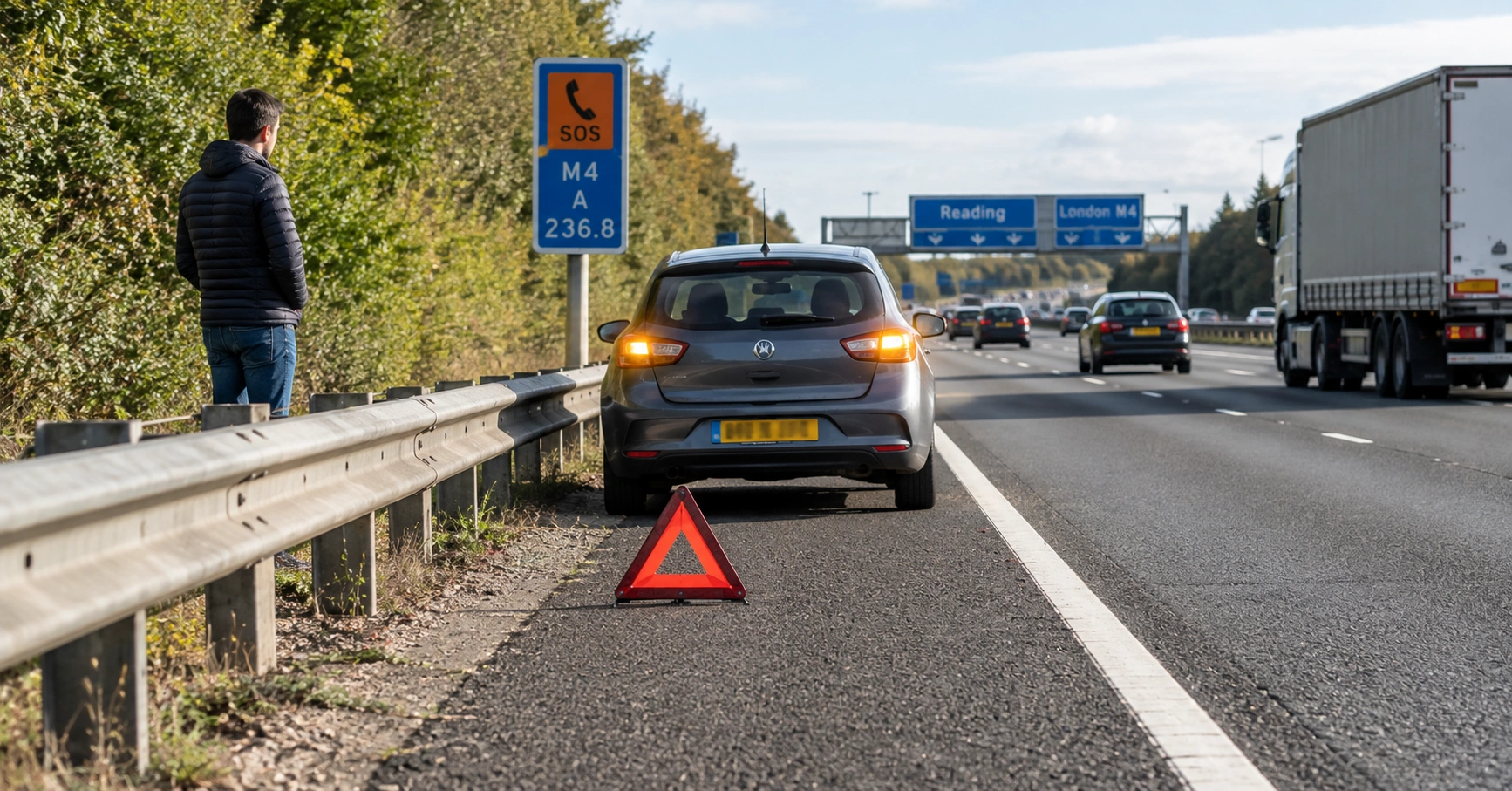 Car stopped safely on a UK motorway with hazard lights on and driver waiting behind the safety barrier