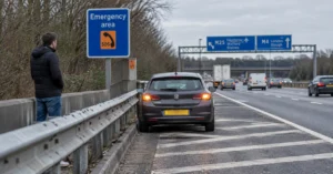 Car stopped safely in a UK motorway emergency area with the driver waiting behind the safety barrier