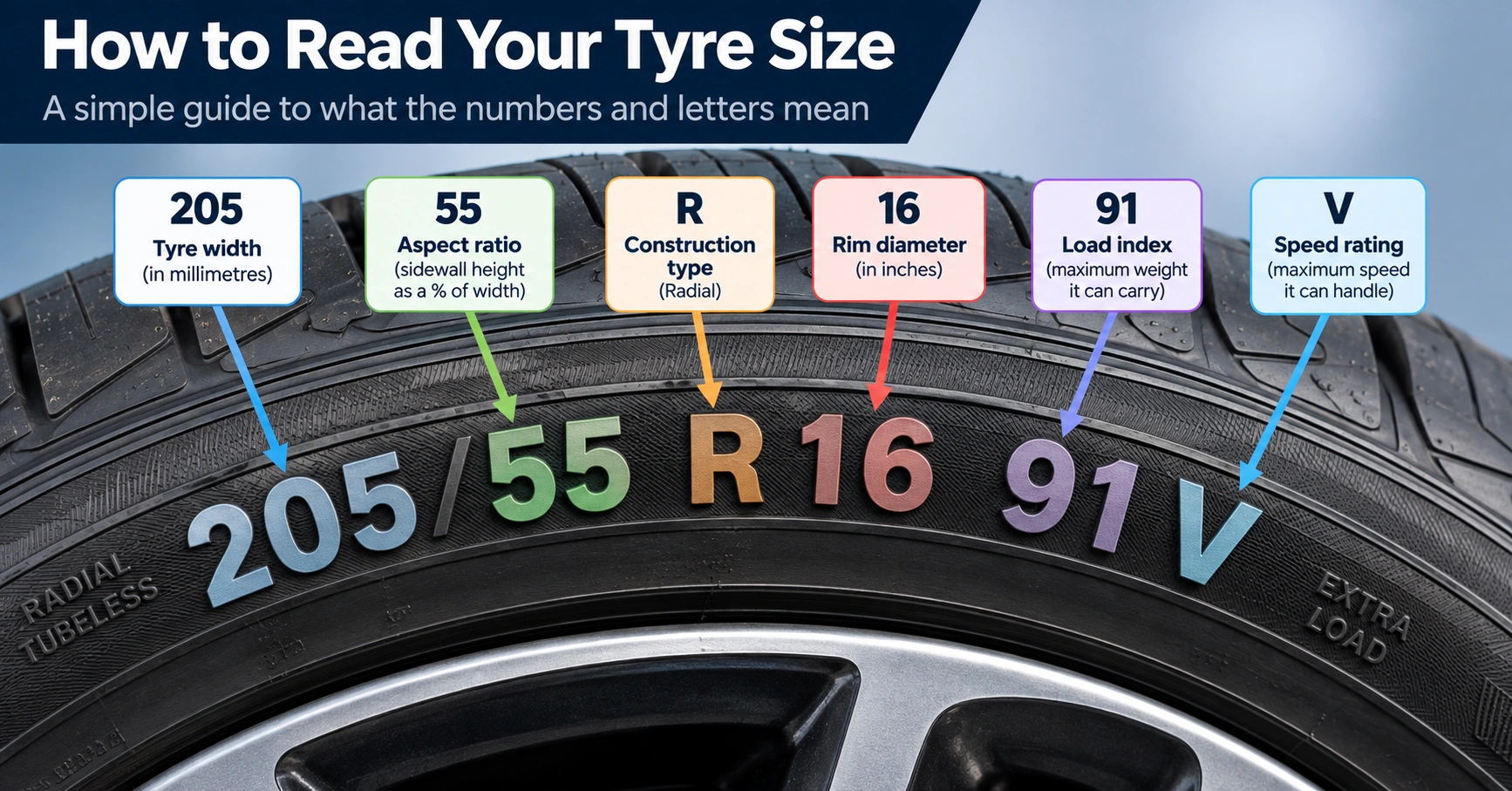 Tyre sidewall diagram explaining 205 55 R 16 91 V tyre size, load index and speed rating