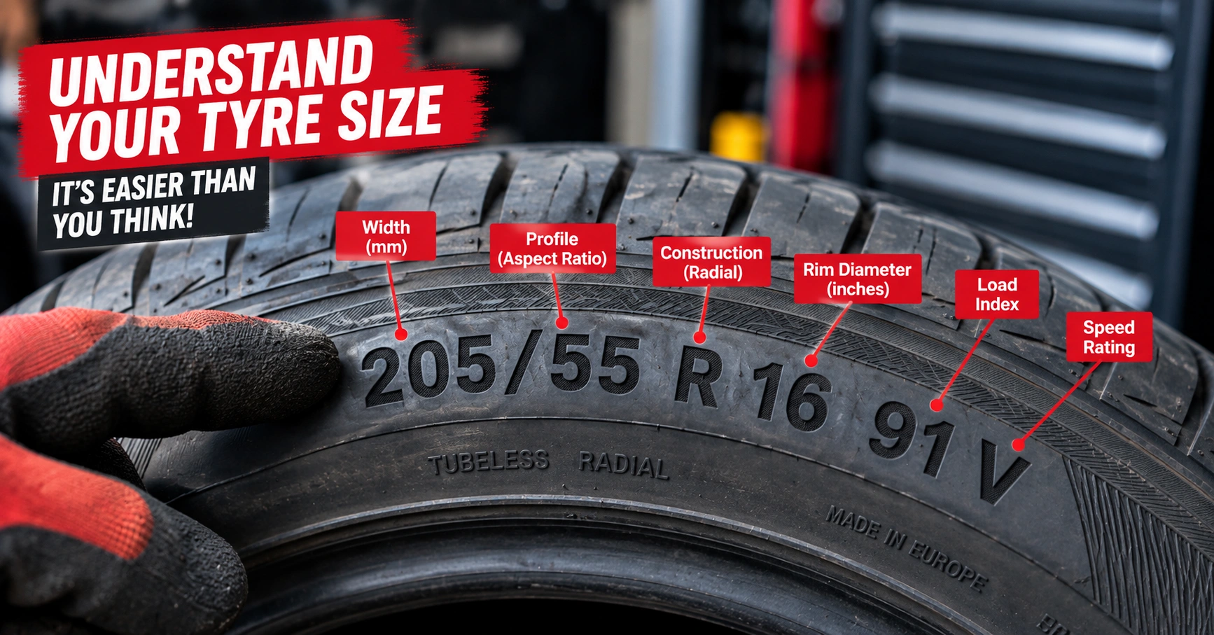 Tyre sidewall showing 205/55 R16 91V tyre size, load index and speed rating