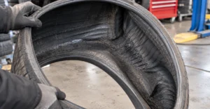 Inside of a car tyre showing sidewall and inner liner damage caused by driving while completely flat