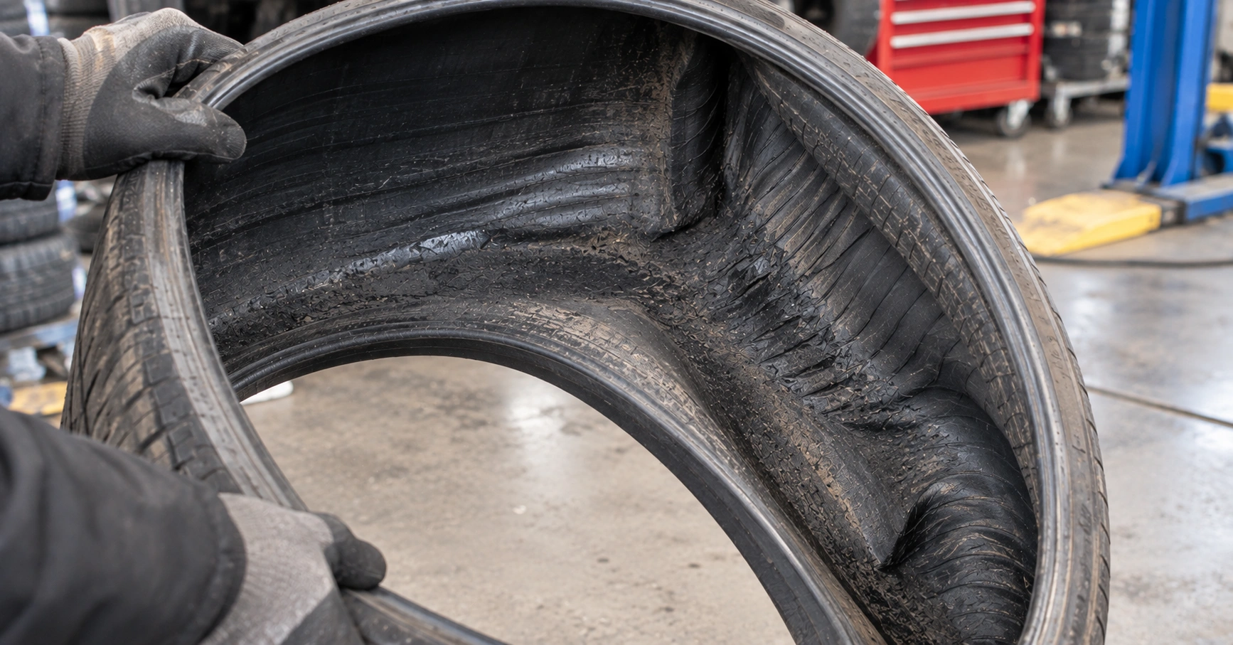 Inside of a car tyre showing sidewall and inner liner damage caused by driving while completely flat