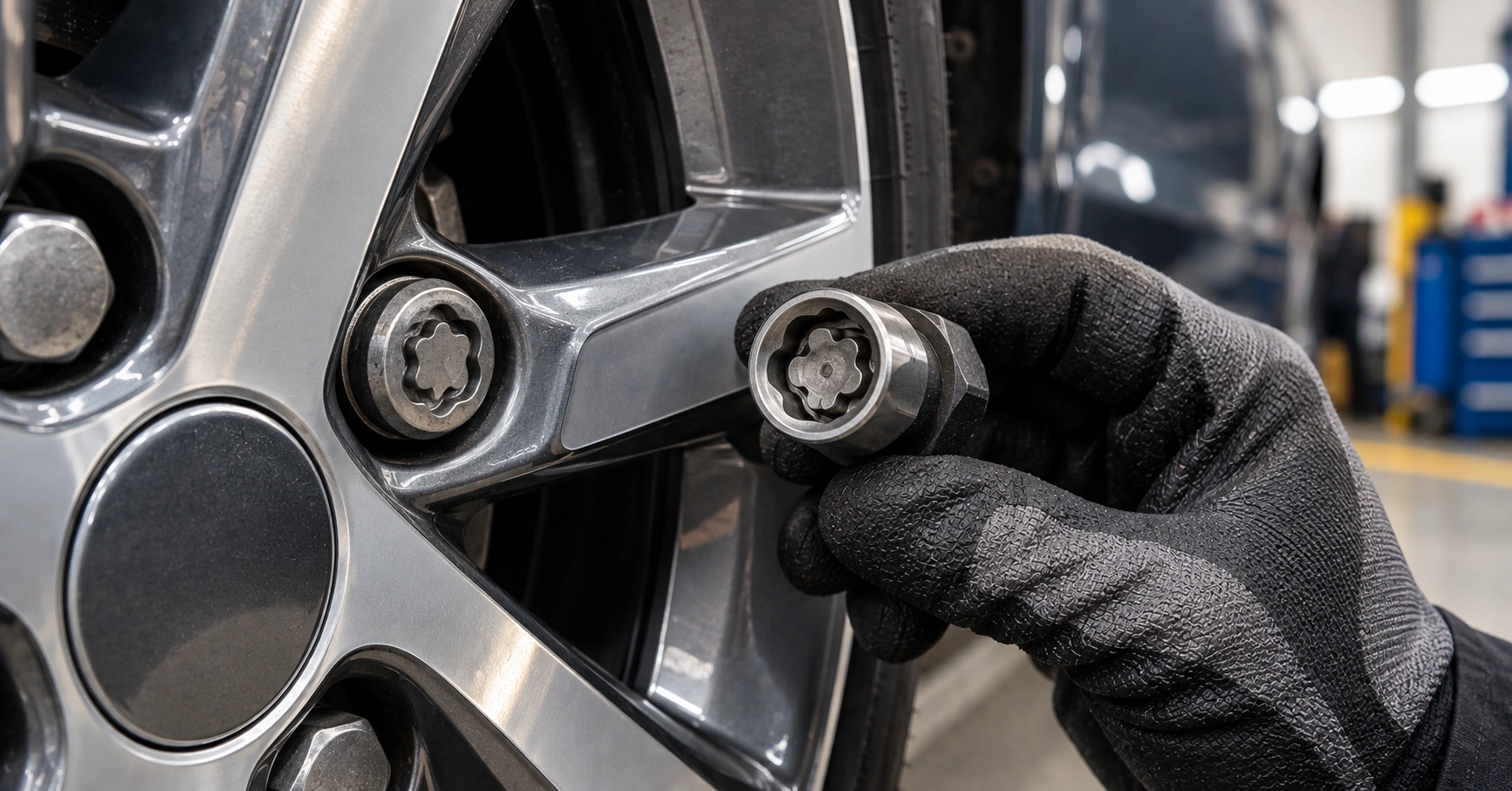 Locking wheel nut and matching removal key showing the same security pattern on an alloy wheel