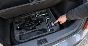 Locking wheel nut key stored in the factory tool tray under the floor of a car boot