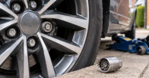 Car alloy wheel showing a locking wheel nut with the matching locking wheel nut removal key