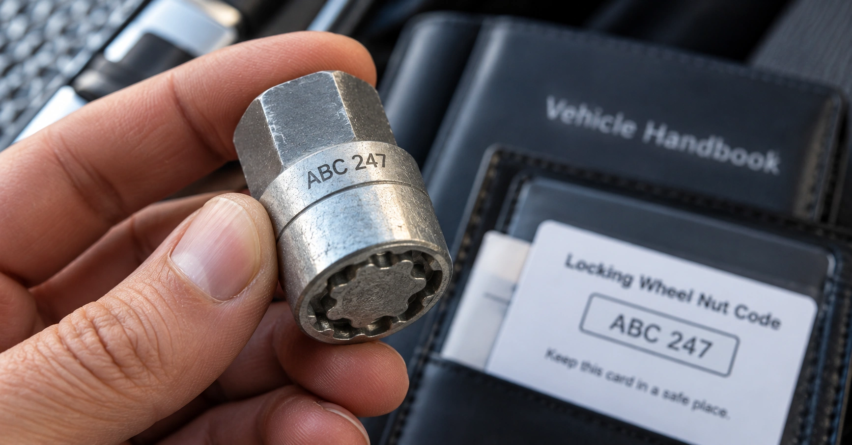 Close-up of a locking wheel nut key showing its identification code and patterned metal end