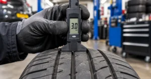 Digital tread depth gauge measuring 3.0 mm in the central groove of a car tyre