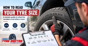 Mobile tyre fitter checking the tyre size code before fitting a replacement tyre in Reading