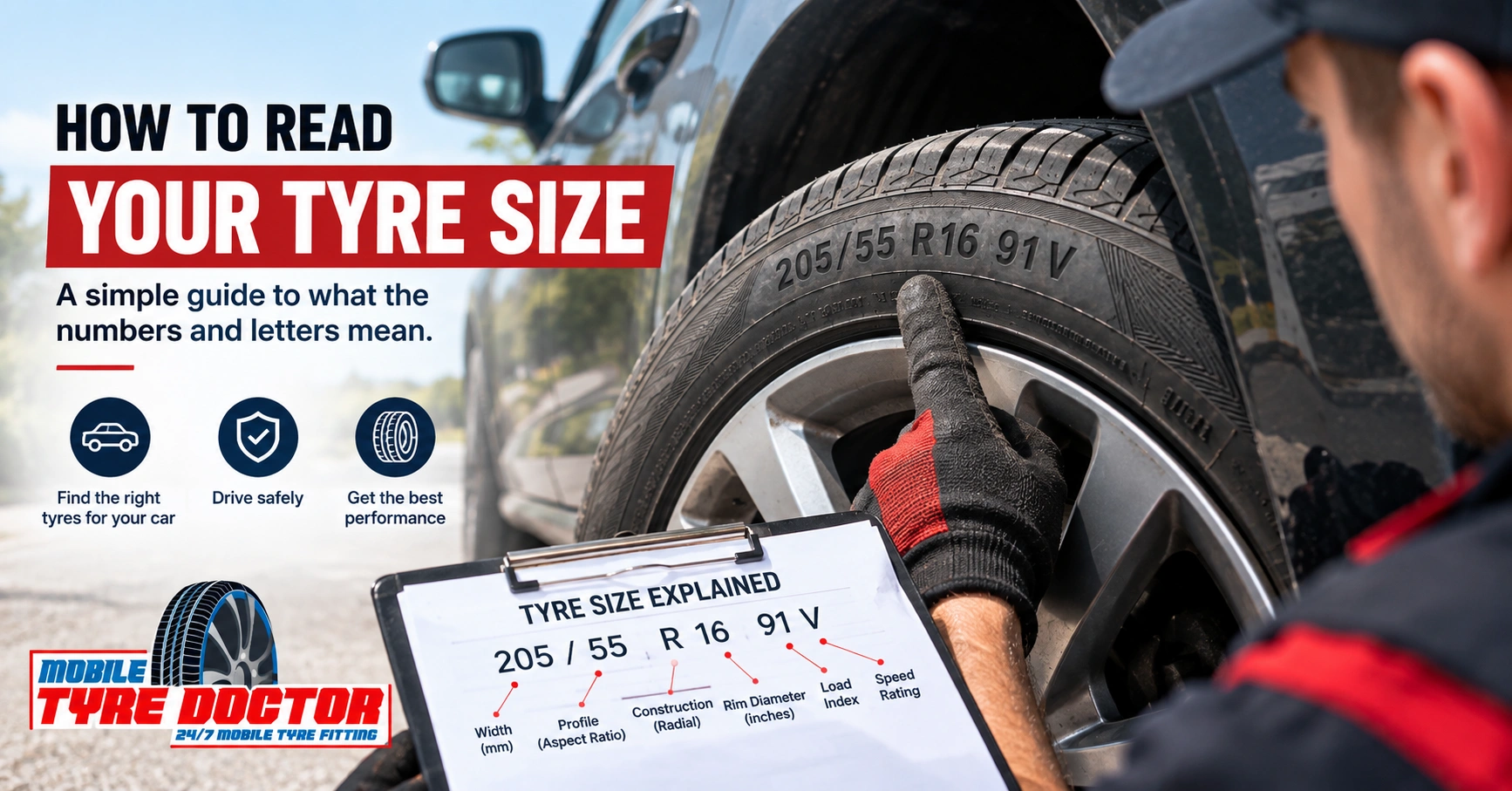 Mobile tyre fitter checking the tyre size code before fitting a replacement tyre in Reading
