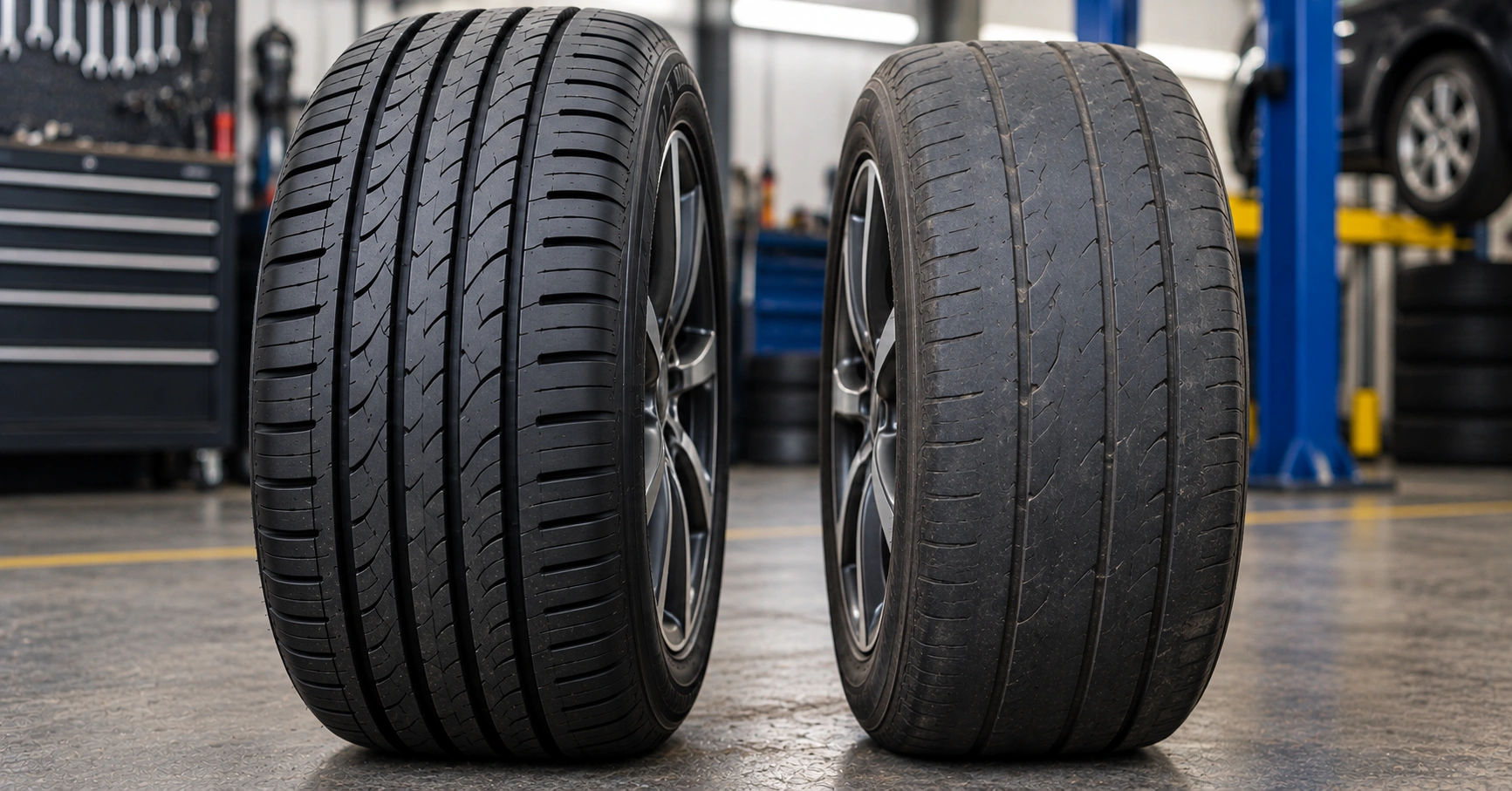 New tyre next to a worn tyre showing the difference in tread depth