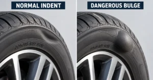 Comparison of a normal inward tyre sidewall indent and a dangerous outward sidewall bulge