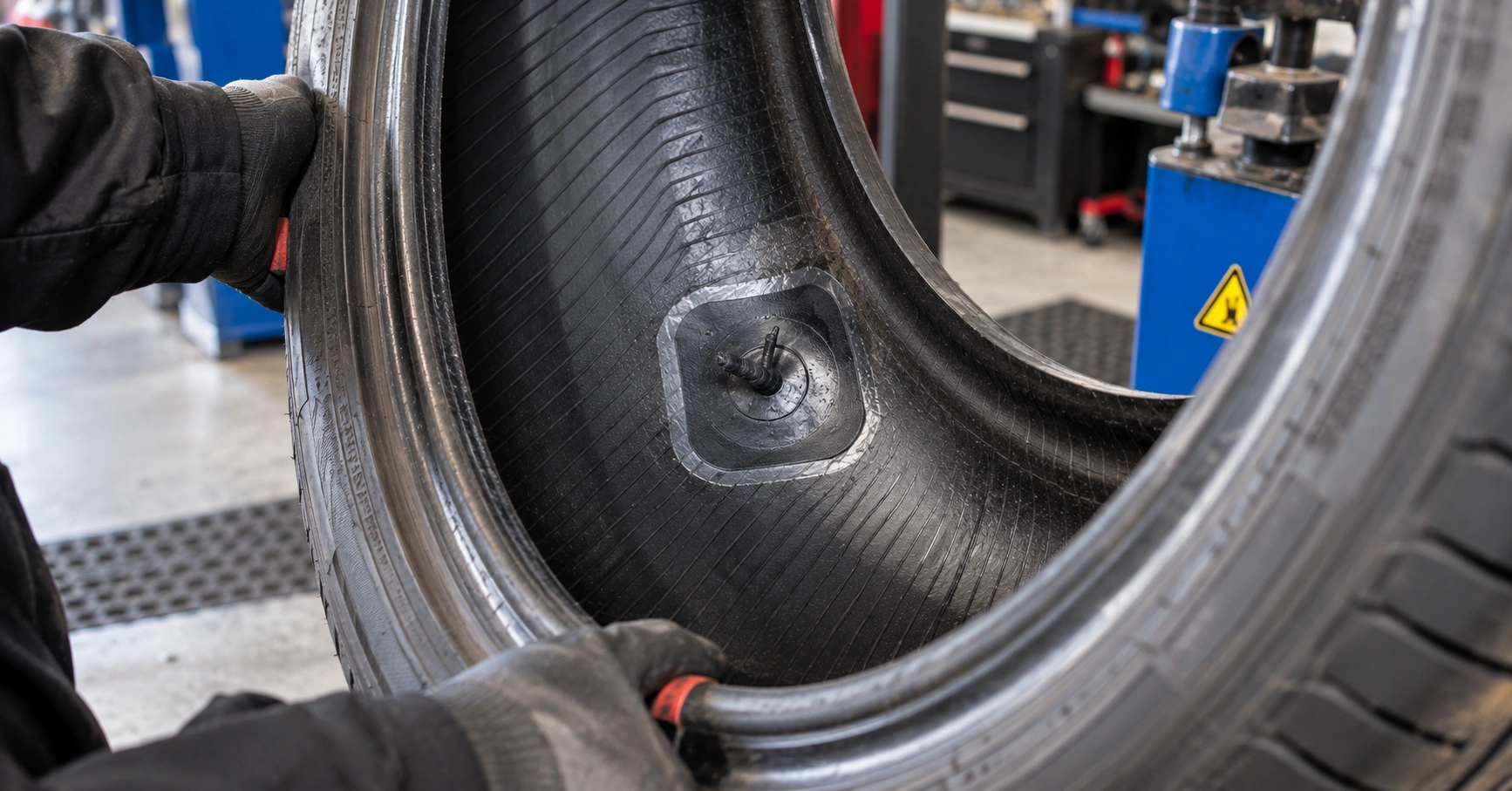 Inside of a car tyre showing a professionally installed combination plug-patch puncture repair