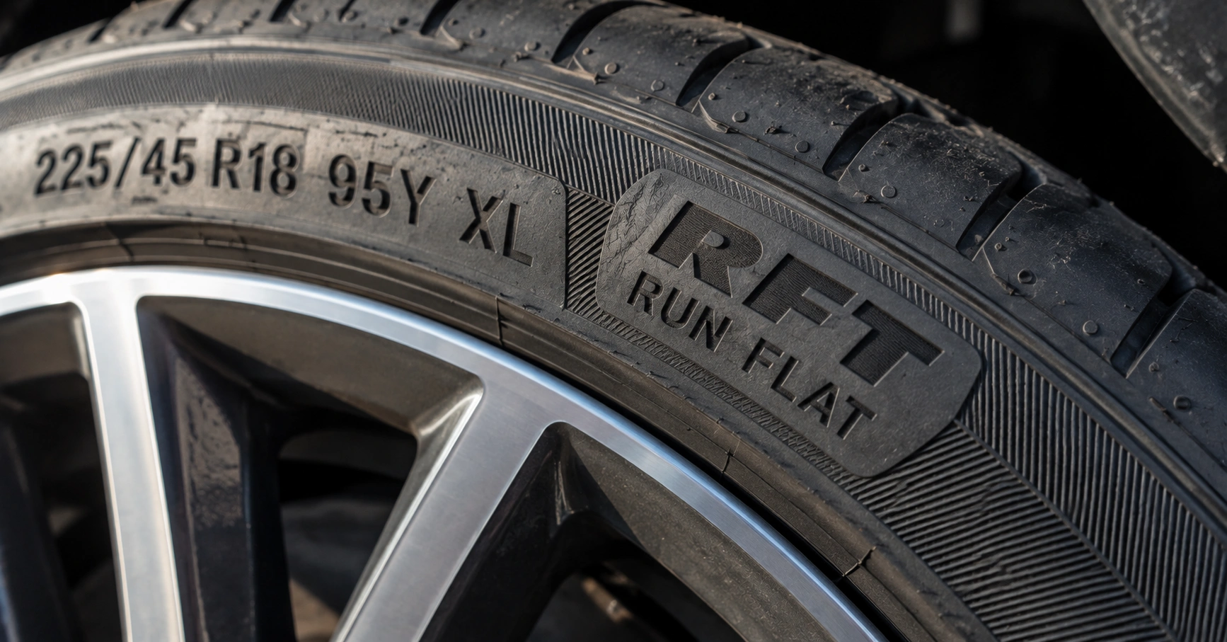Close-up of a run-flat tyre sidewall showing RFT and Run Flat markings with the tyre size code