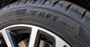 Close-up of a run-flat car tyre sidewall showing the RFT and Run Flat markings