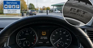 TPMS tyre pressure warning displayed in a run-flat equipped car stopped safely in a service area