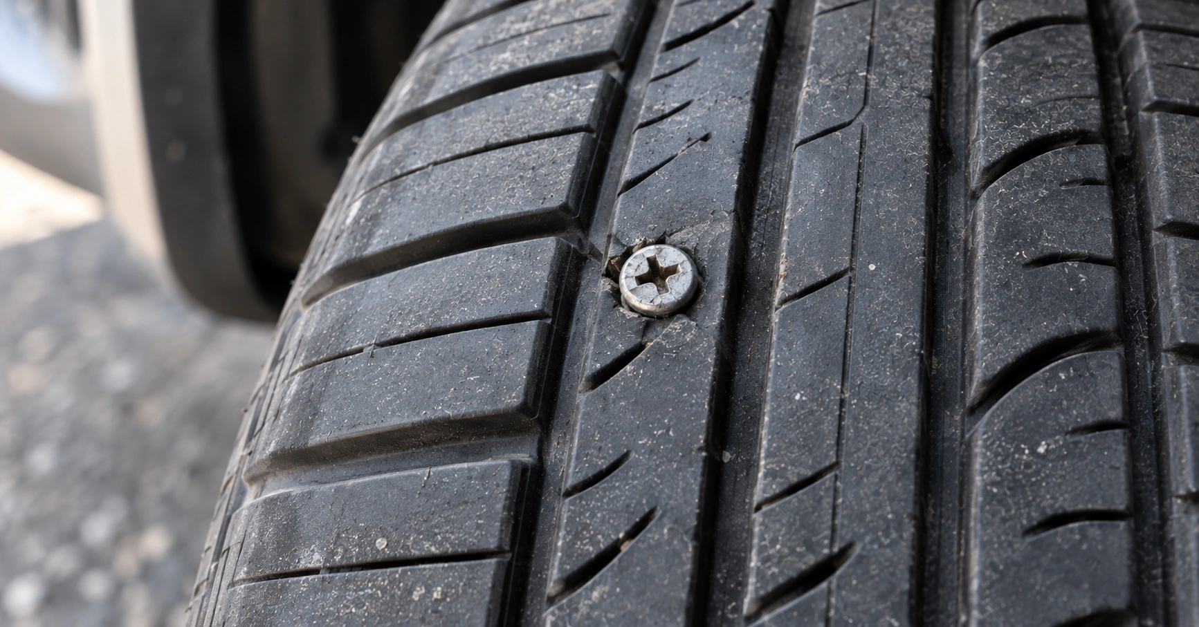 Close-up of a screw embedded in the centre of a car tyre tread causing a puncture