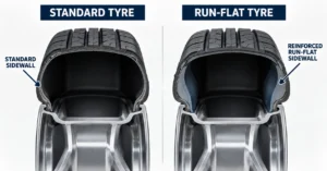 Cross-section comparison of a standard tyre sidewall and a reinforced run-flat tyre sidewall