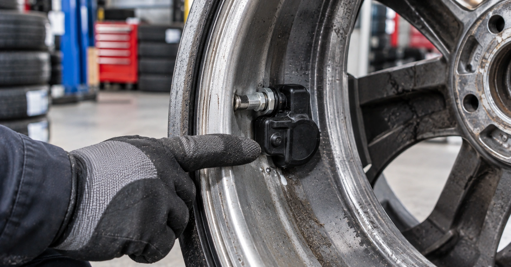 TPMS tyre pressure sensor mounted to the valve inside an alloy wheel with the tyre removed