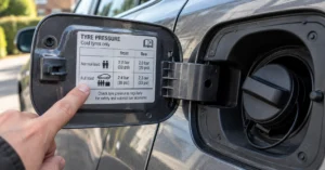 Tyre pressure label inside a car fuel filler flap showing normal and full-load pressure values