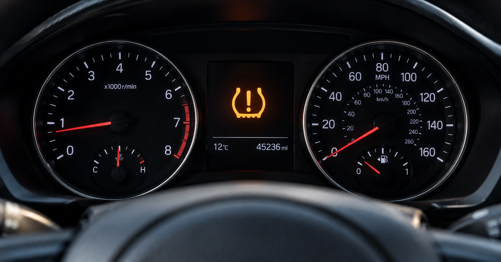 Amber TPMS tyre pressure warning light illuminated on a car instrument cluster