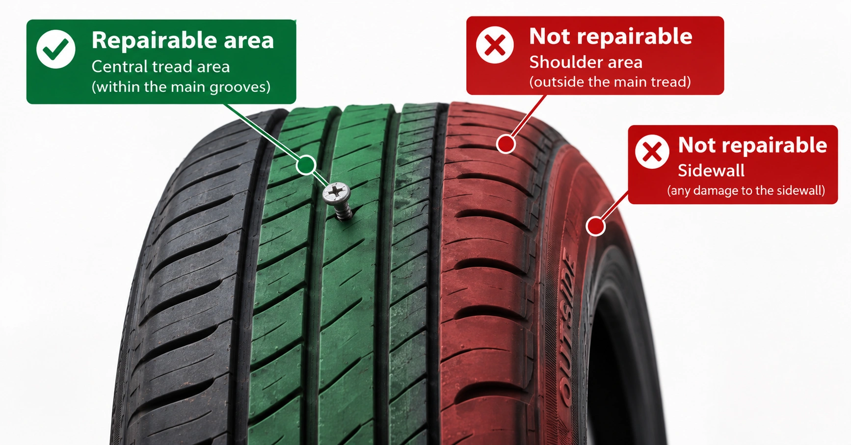 Tyre diagram showing the central tread as repairable and the shoulder and sidewall as non-repairable areas