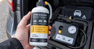 Tyre puncture sealant bottle showing the use-by expiry date beside a car emergency inflation kit