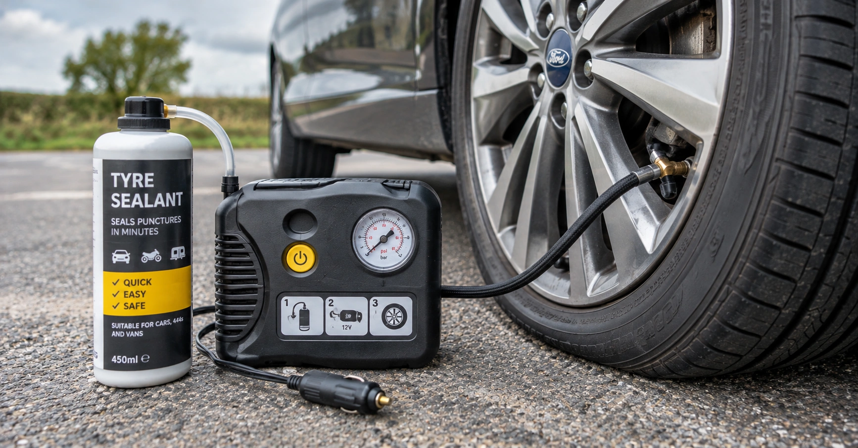 Tyre sealant and 12V compressor connected to a car tyre valve for temporary puncture repair