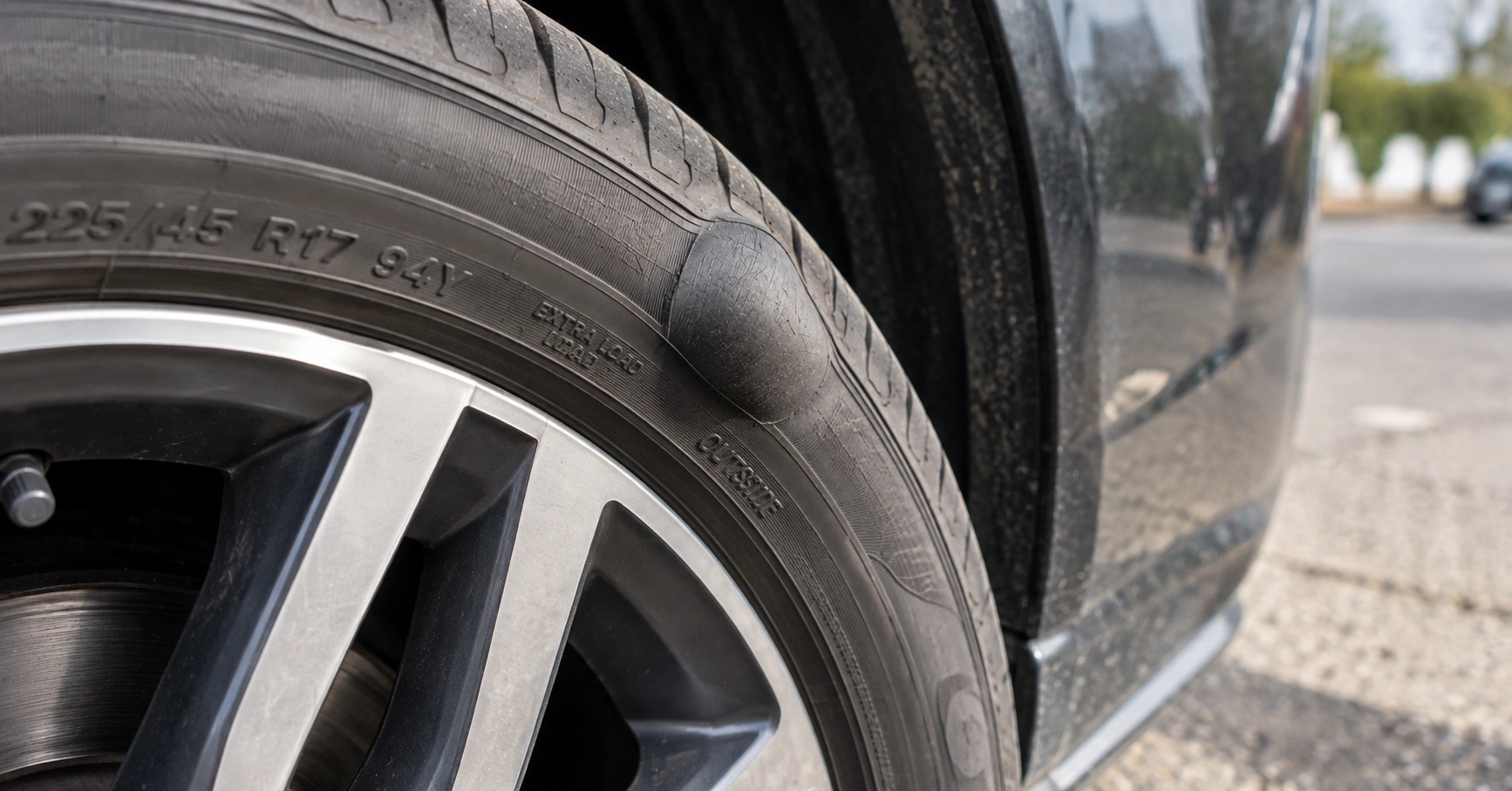 Close-up of a dangerous outward bulge on the sidewall of a car tyre