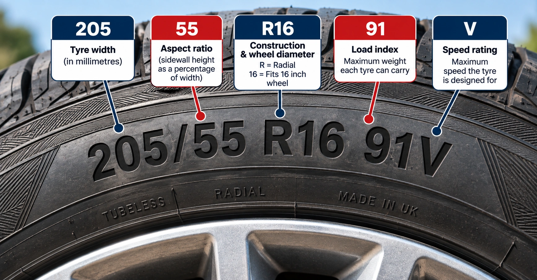 Tyre sidewall showing 205/55 R16 91V with tyre width, aspect ratio, wheel diameter, load index and speed rating explained