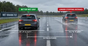 Wet braking comparison showing better wet grip stopping sooner than a tyre with a longer stopping distance